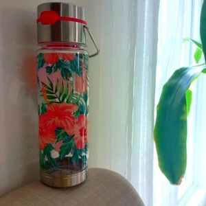Water bottle lid Thermos cup sports drink handle chrome silver floral design ena